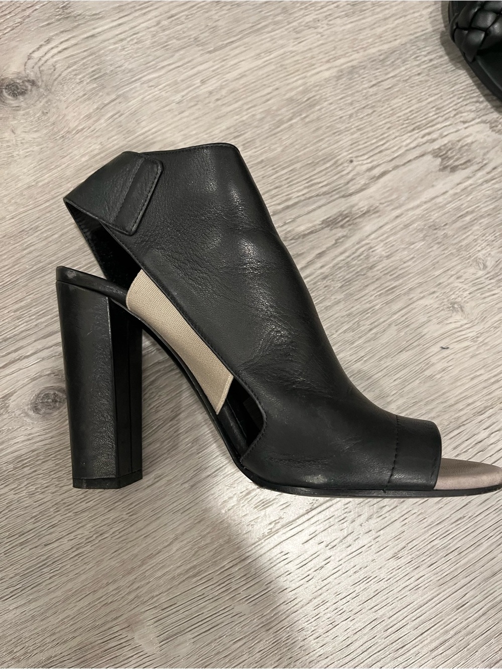 Vince Black Open-Toe Block Heel Slingback with Beige Elastic